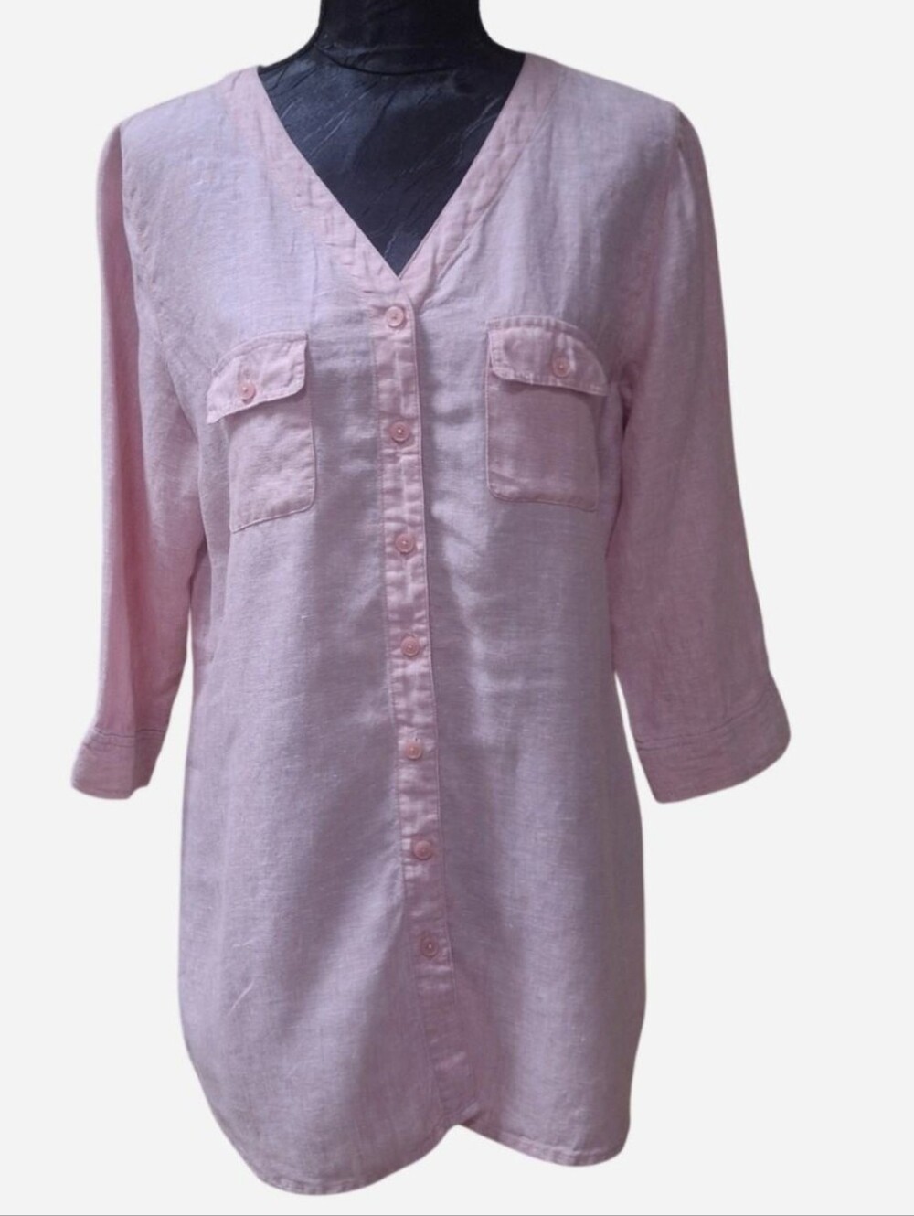 Orvis Pink V-Neck Button Front Linen Tunic
